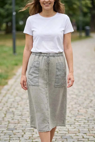 Spódnica Midi Bawełniana z Kieszeniami - Oliwkowy 10% len