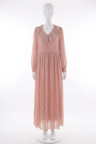 Rozowa Sukienka Maxi w Kropki z Szerokim Kolnierzem