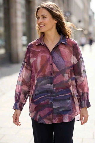 Koszula Oversize w Abstrakcyjne Wzory - Fioletowa 74% lyocell