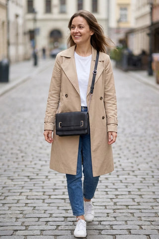 Torebka crossbody skórzana z klapą - Czarna  100% skóra