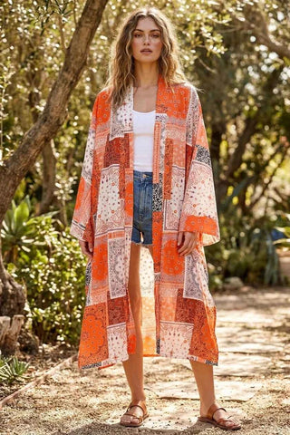 Damskie Kimono Boho w Pomarańczowy Wzór Paisley
