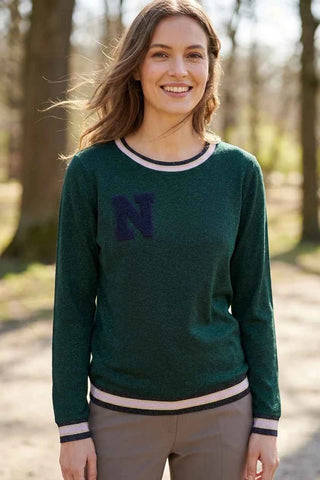 Bluza damska z naszywką i paskami - Zielona (Butelkowa)