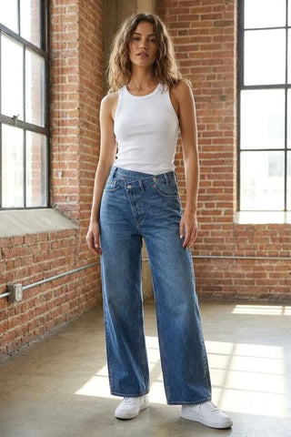 Damskie Jeansy Wide-Leg z Asymetrycznym Zapięciem