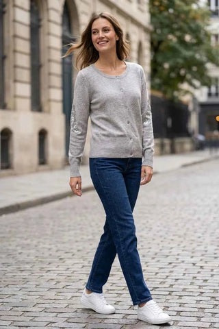 Sweter rozpinany z cekinami - Szary  35% wełna , 25% kaszmir