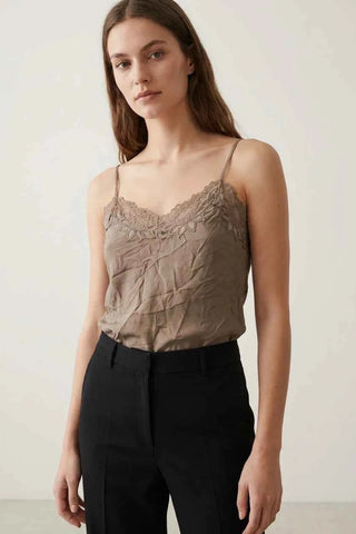 Brązowy Top na Ramiączkach z Elegancką Koronką  100% jedwab