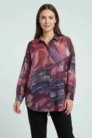 Koszula Oversize w Abstrakcyjne Wzory - Fioletowa 74% lyocell